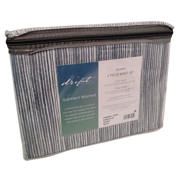 Drift Collection Queen Garment Washed 4-Piece Sheet Set Kaisa Blue Striped - Picture 3 of 6